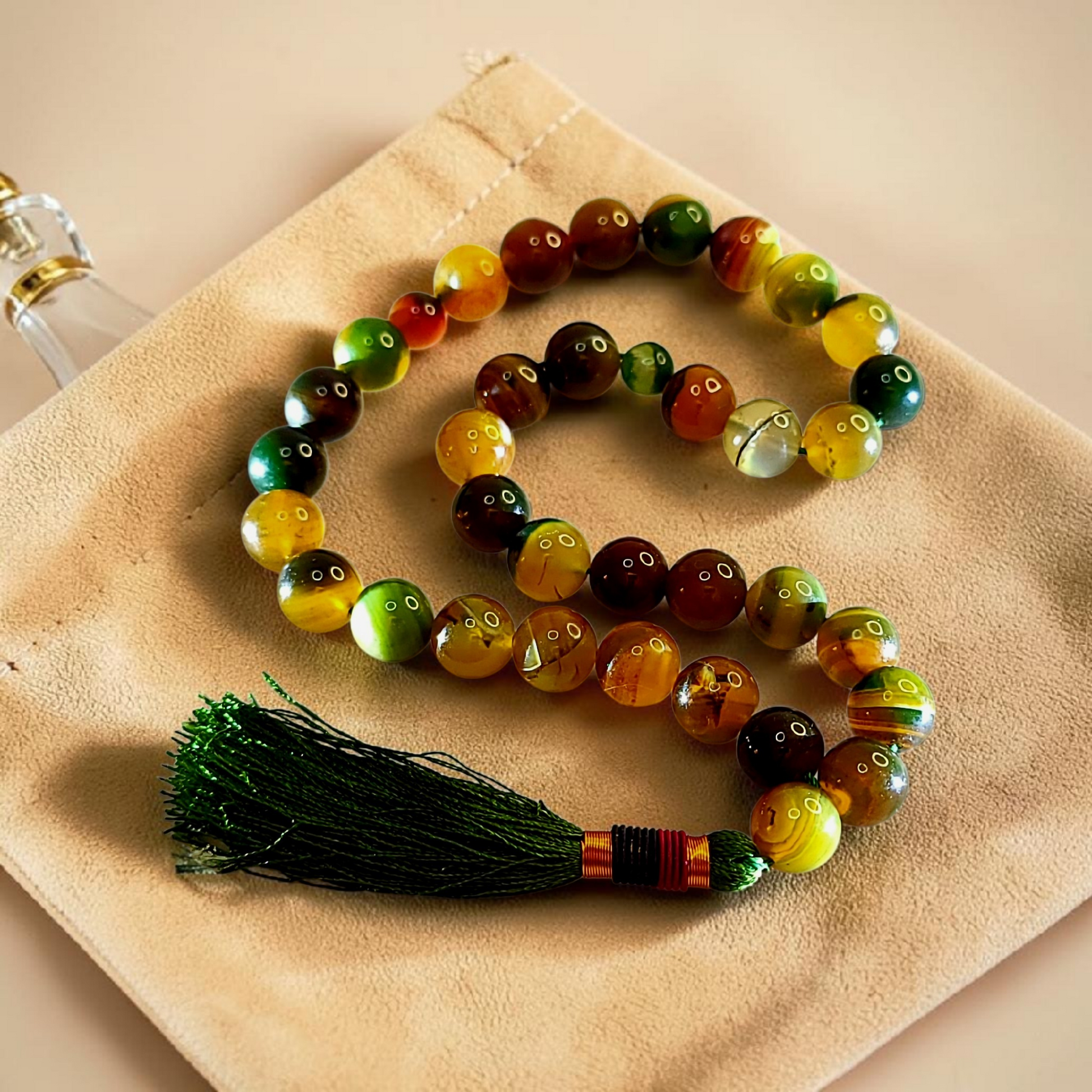 Premium Green Sulemani Aqeeq Tasbeeh 14mm (33 Beads) – Natural Agate | Handcrafted Luxury Misbaha with Leather Pouch