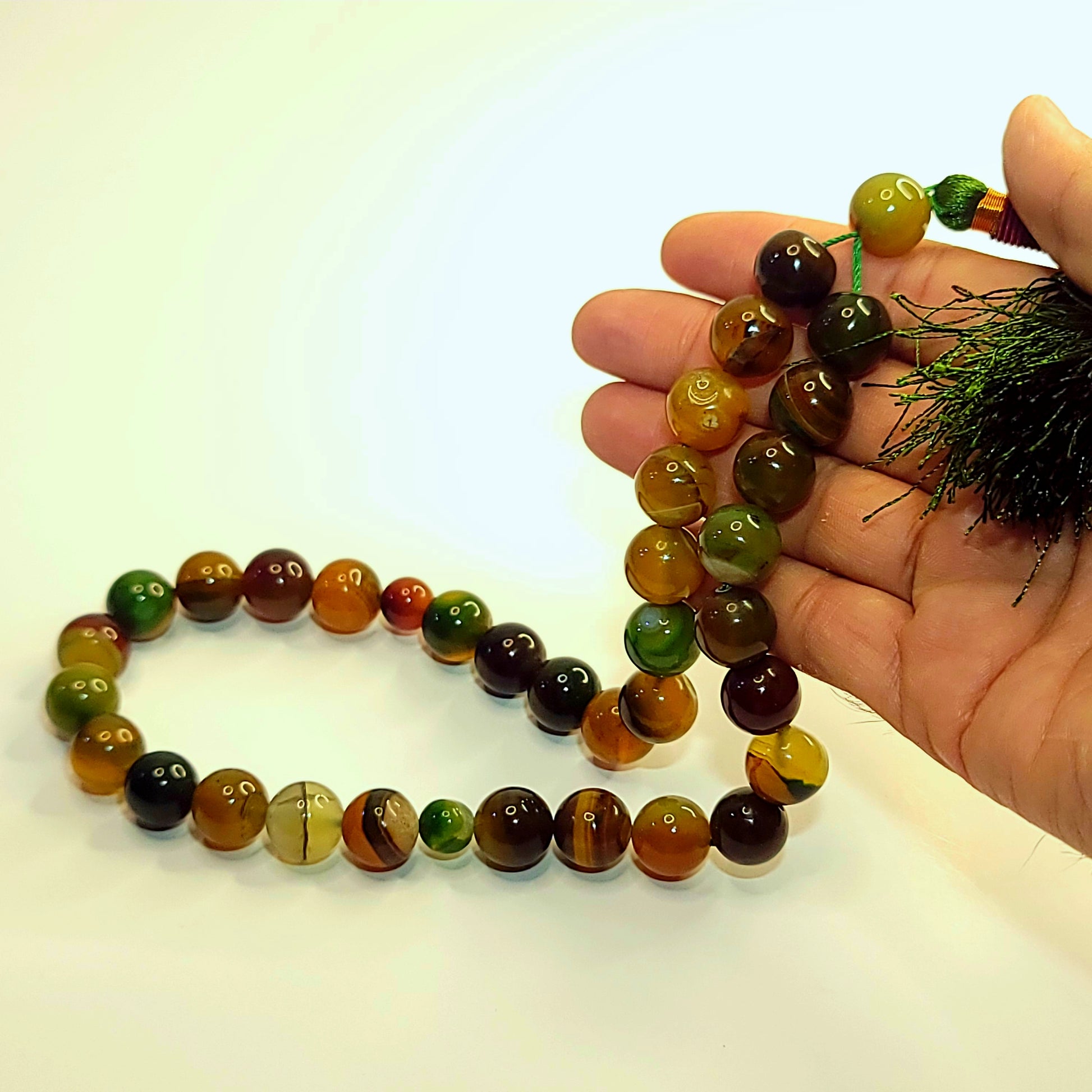 Premium Green Sulemani Aqeeq Tasbeeh 14mm (33 Beads) – Natural Agate | Handcrafted Luxury Misbaha with Leather Pouch