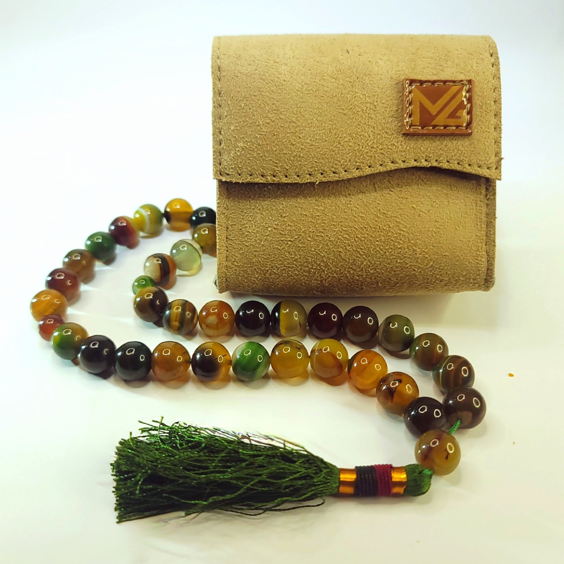 Premium Green Sulemani Aqeeq Tasbeeh 14mm (33 Beads) – Natural Agate | Handcrafted Luxury Misbaha with Leather Pouch