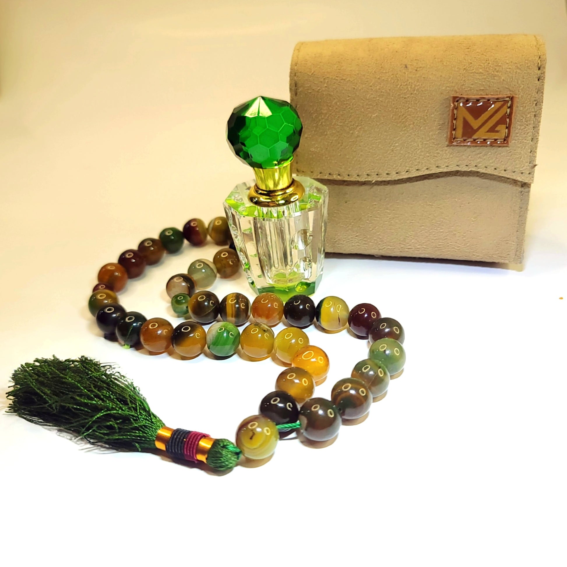 Premium Green Sulemani Aqeeq Tasbeeh 14mm (33 Beads) – Natural Agate | Handcrafted Luxury Misbaha with Leather Pouch