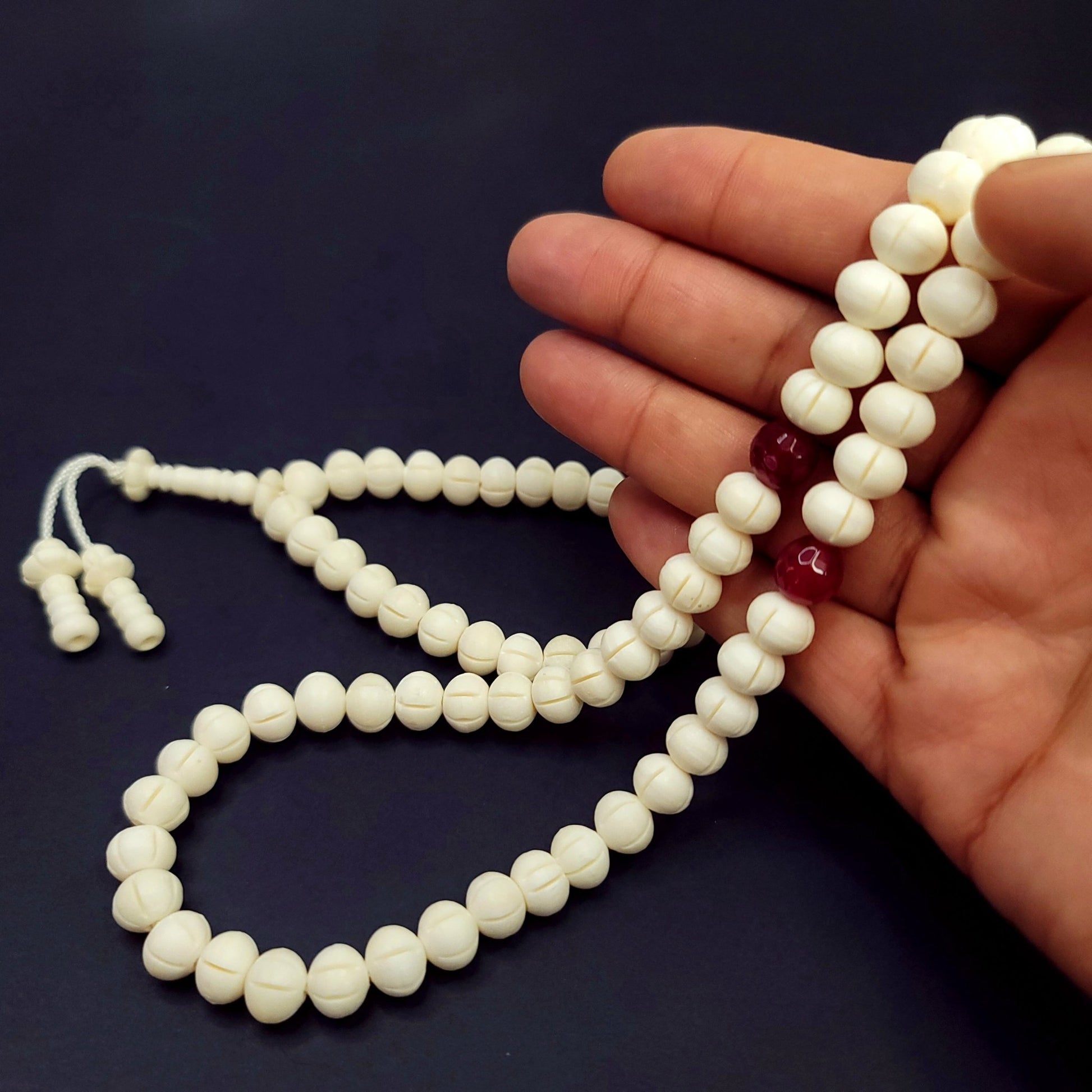 Luxury White Camel Bone & Red Ruby Tasbeeh 10mm x 100 Beads – Premium Handcrafted Islamic Prayer Beads - Maimoon Gallery