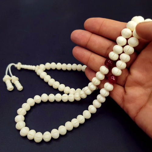 Luxury White Camel Bone & Red Ruby Tasbeeh 10mm x 100 Beads – Premium Handcrafted Islamic Prayer Beads - Maimoon Gallery