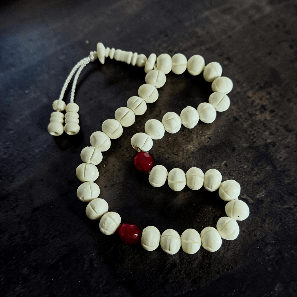 Luxury White Camel Bone & Red Ruby Tasbeeh 10mm x 100/33 Beads – Premium Handcrafted Islamic Prayer Beads - Maimoon Gallery