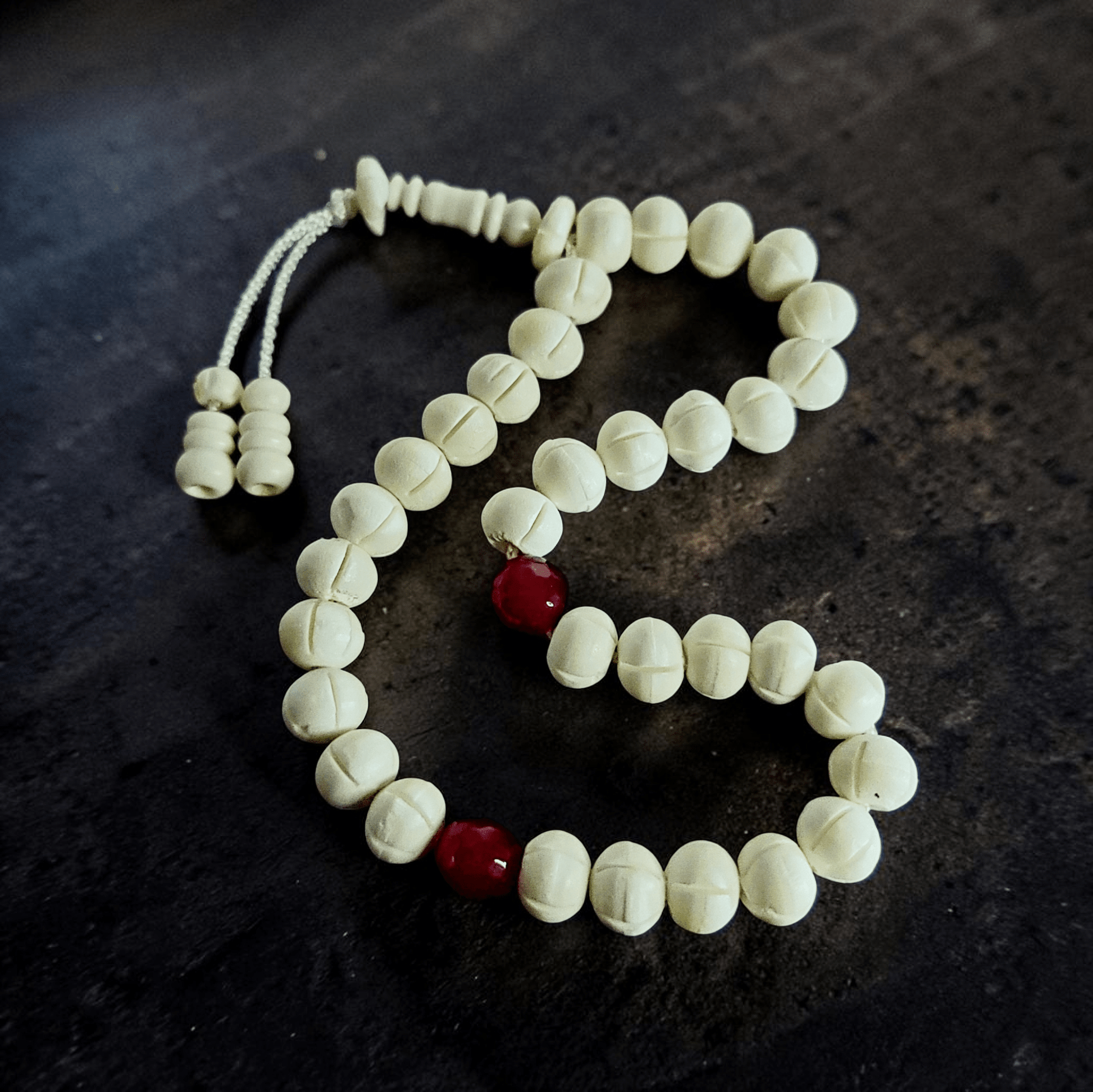 Luxury White Camel Bone & Red Ruby Tasbeeh 10mm x 100/33 Beads – Premium Handcrafted Islamic Prayer Beads - Maimoon Gallery