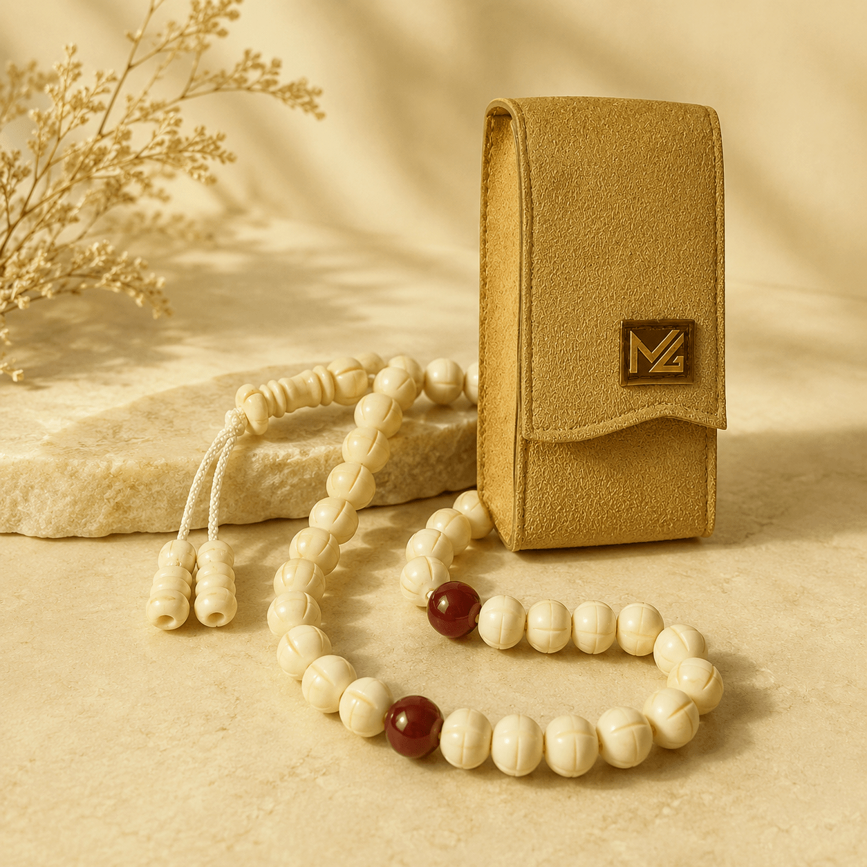Luxury White Camel Bone & Red Ruby Tasbeeh 10mm x 100/33 Beads – Premium Handcrafted Islamic Prayer Beads - Maimoon Gallery