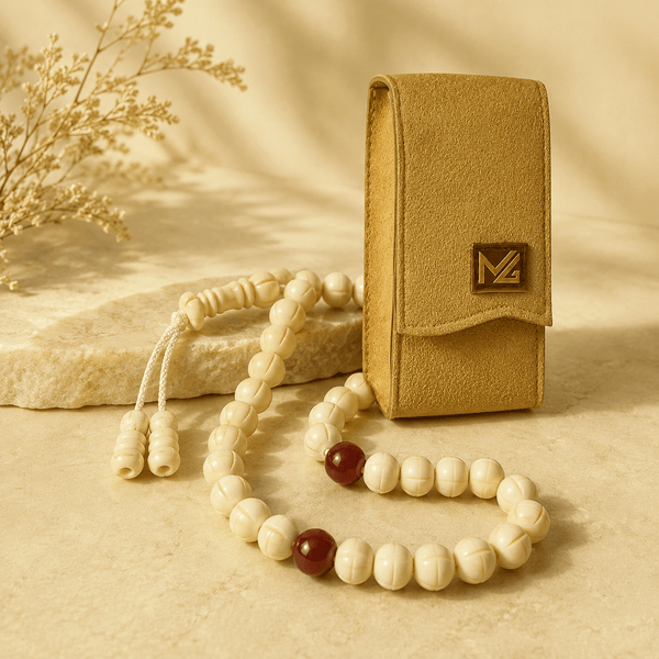 Luxury White Camel Bone & Red Ruby Tasbeeh 10mm x 100/33 Beads – Premium Handcrafted Islamic Prayer Beads - Maimoon Gallery