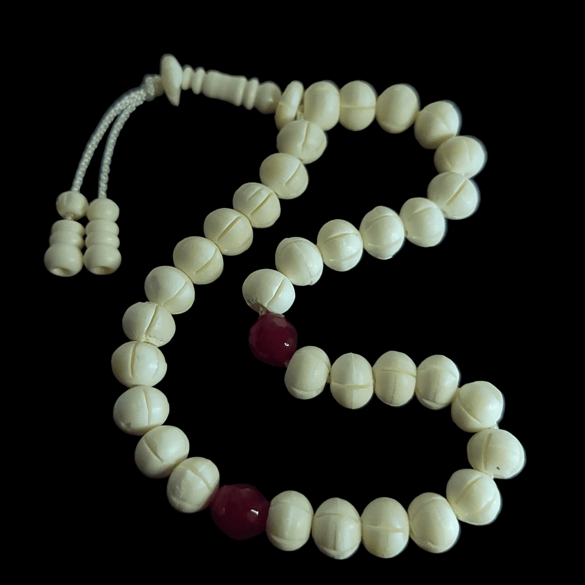 Luxury White Camel Bone & Red Ruby Tasbeeh 10mm x 100/33 Beads – Premium Handcrafted Islamic Prayer Beads - Maimoon Gallery