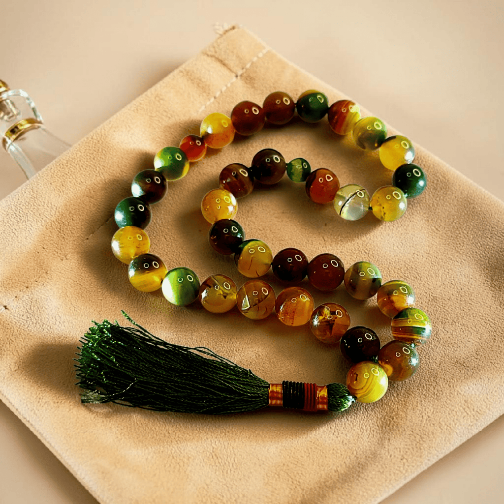 Premium Green Sulemani Aqeeq Tasbeeh 14mm (33 Beads) – Natural Agate | with Leather Pouch - Maimoon Gallery