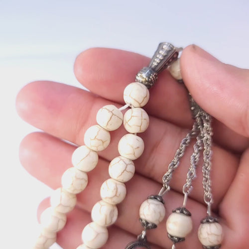 White Feroza (Turquoise) Tasbeeh – 33 Bead Hand-Carved Prayer Beads