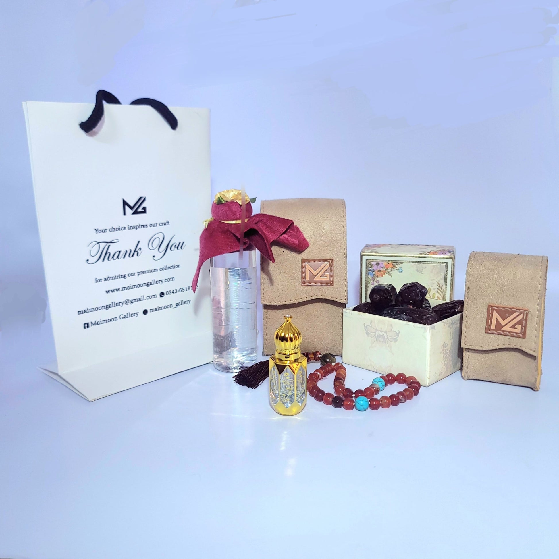 Ramzan Noor Gift Box – Premium Ramadan Gift Set with Zam Zam, Aqeeq Tasbeeh & Attar - Maimoon Gallery