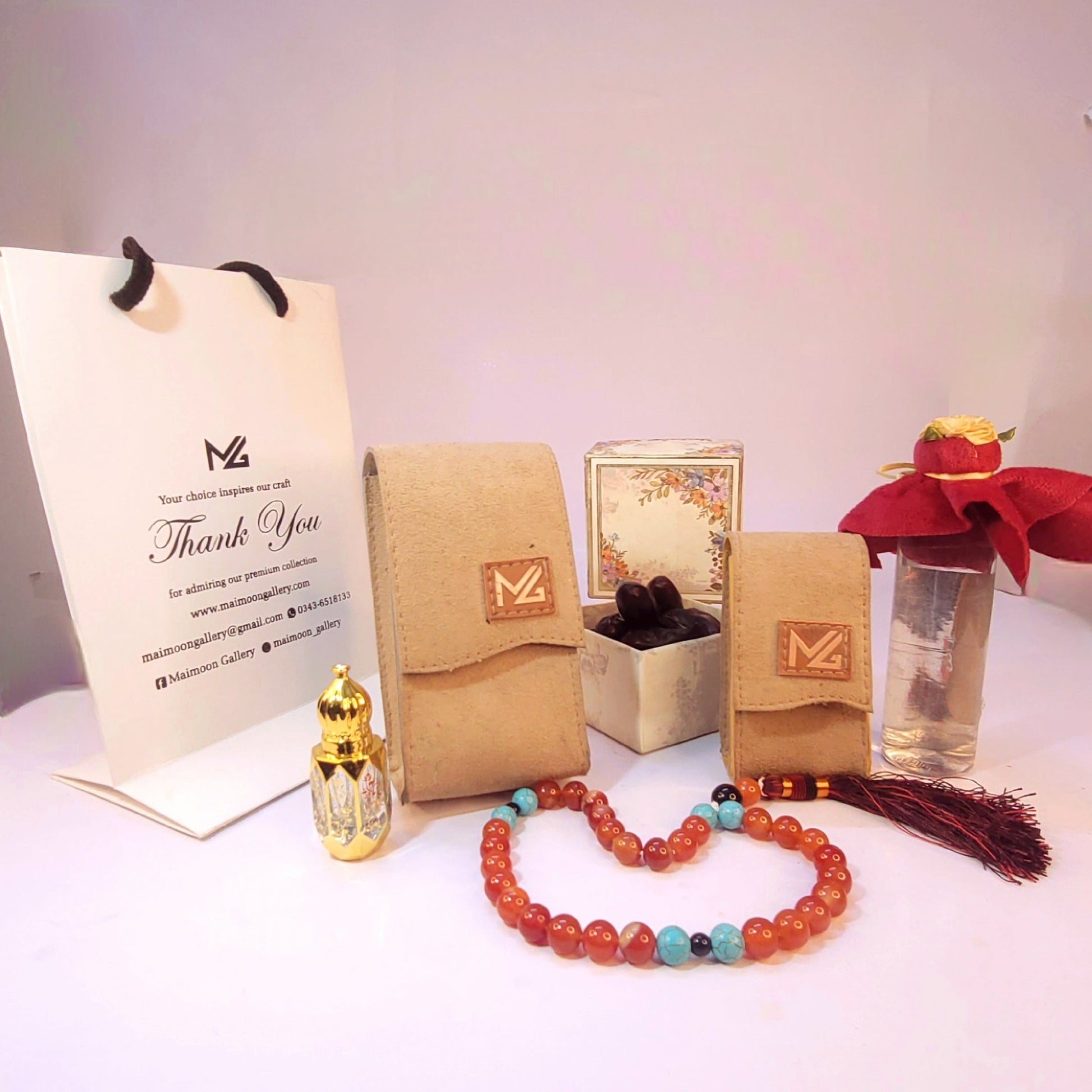 Ramzan Noor Gift Box – Premium Ramadan Gift Set with Zam Zam, Aqeeq Tasbeeh & Attar - Maimoon Gallery