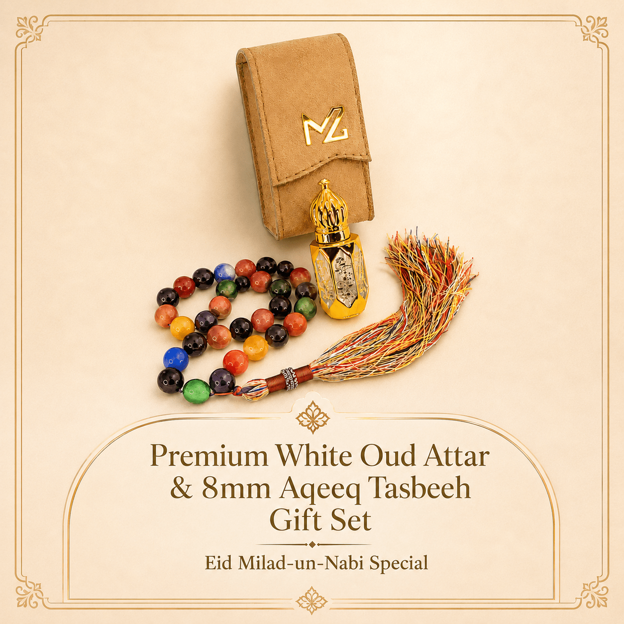 White Oud Attar & 8mm Aqeeq Tasbeeh Gift Set - Maimoon Gallery