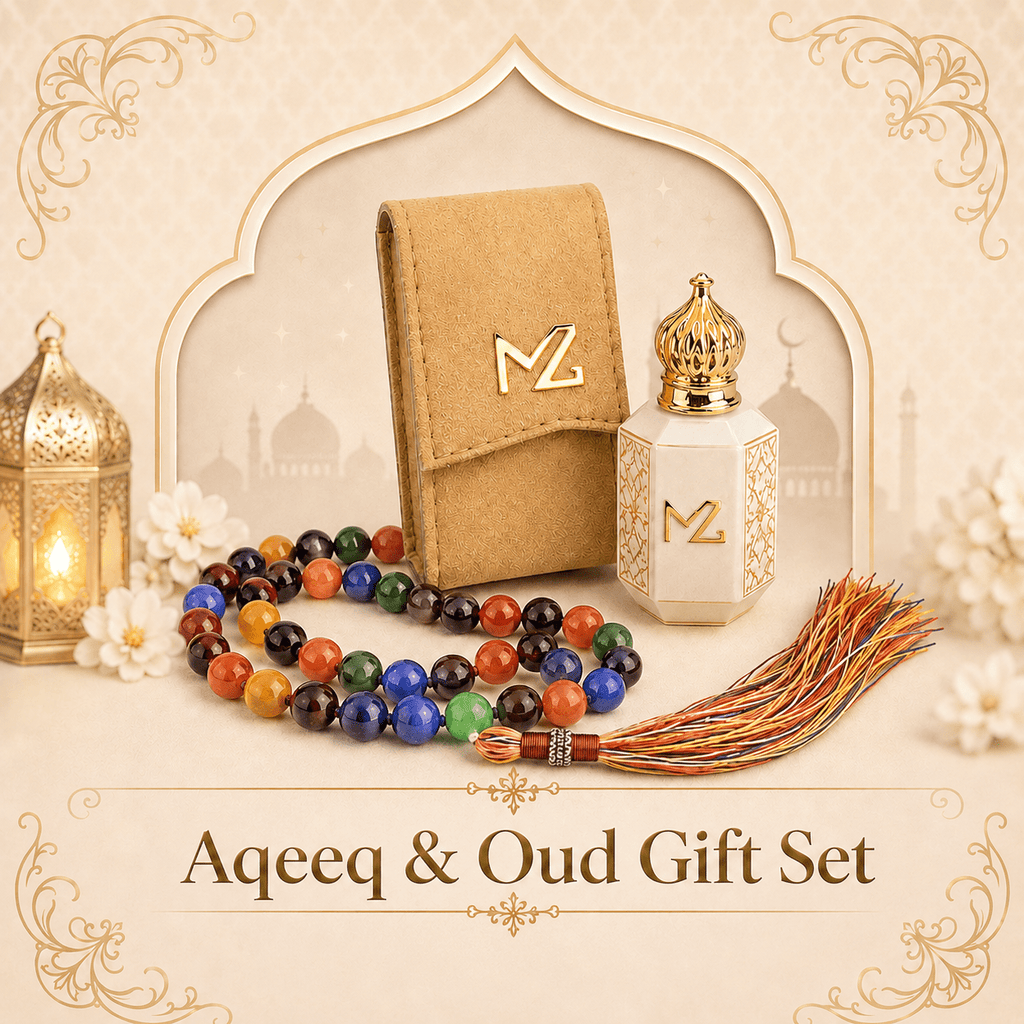 White Oud Attar & Tasbeeh Gift Set – Choose 8mm Aqeeq or Zaitoon Tasbeeh - Maimoon Gallery