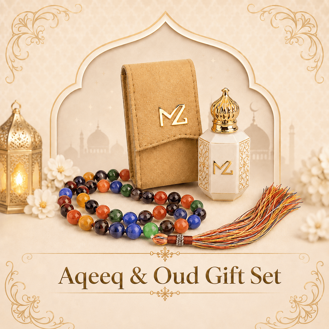 White Oud Attar & Tasbeeh Gift Set – Choose 8mm Aqeeq or Zaitoon Tasbeeh - Maimoon Gallery