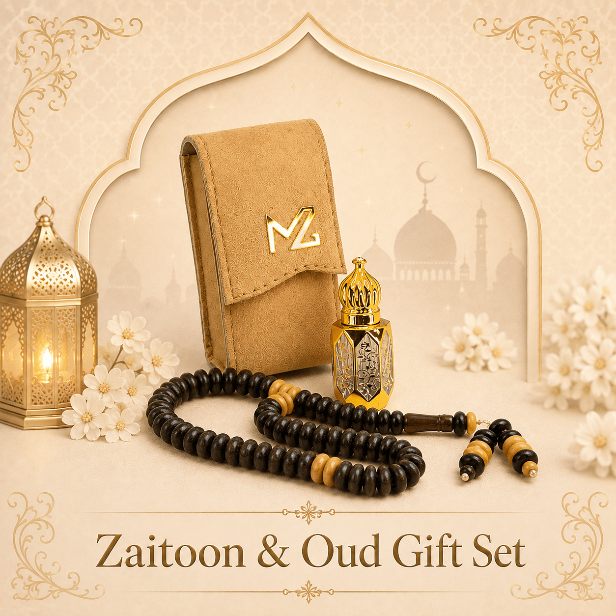 White Oud Attar & Tasbeeh Gift Set – Choose 8mm Aqeeq or Zaitoon Tasbeeh - Maimoon Gallery